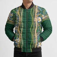 Hawaiian Art Flower Tribal with Lei Bomber Puffer Jacket Palaka Pattern Green Color - Polynesian Pride
