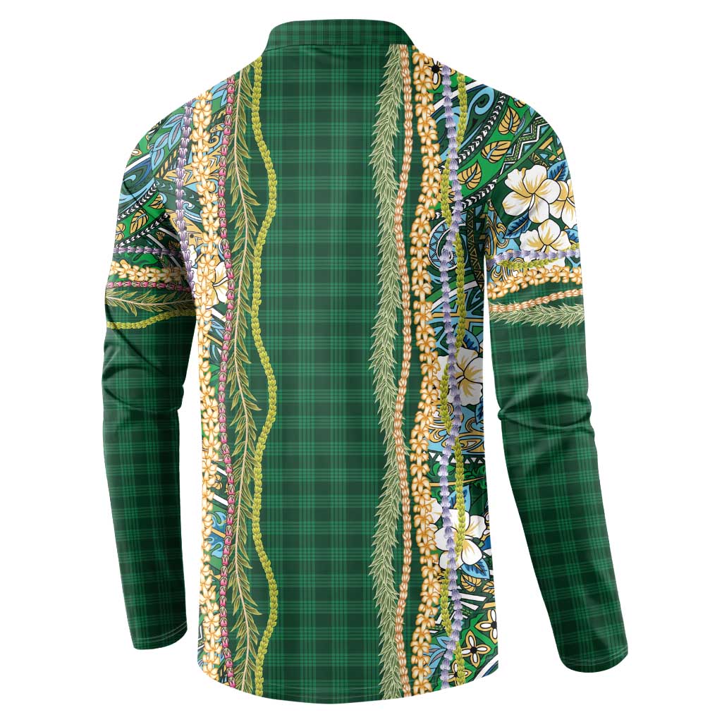Hawaiian Art Flower Tribal with Lei Button Sweatshirt Palaka Pattern Green Color - Polynesian Pride