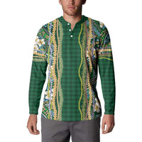 Hawaiian Art Flower Tribal with Lei Button Sweatshirt Palaka Pattern Green Color - Polynesian Pride