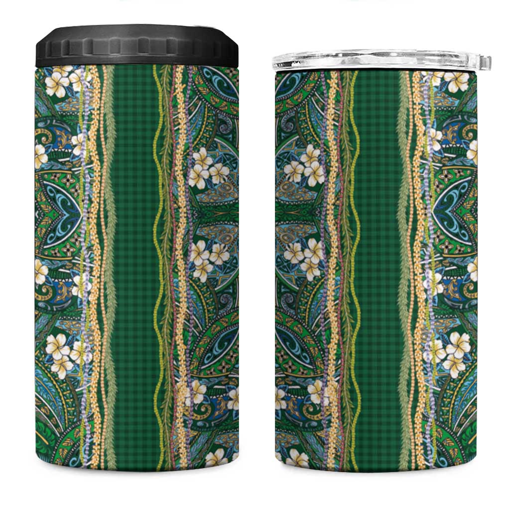 Hawaiian Art Flower Tribal with Lei 4 in 1 Can Cooler Tumbler Palaka Pattern Green Color - Polynesian Pride