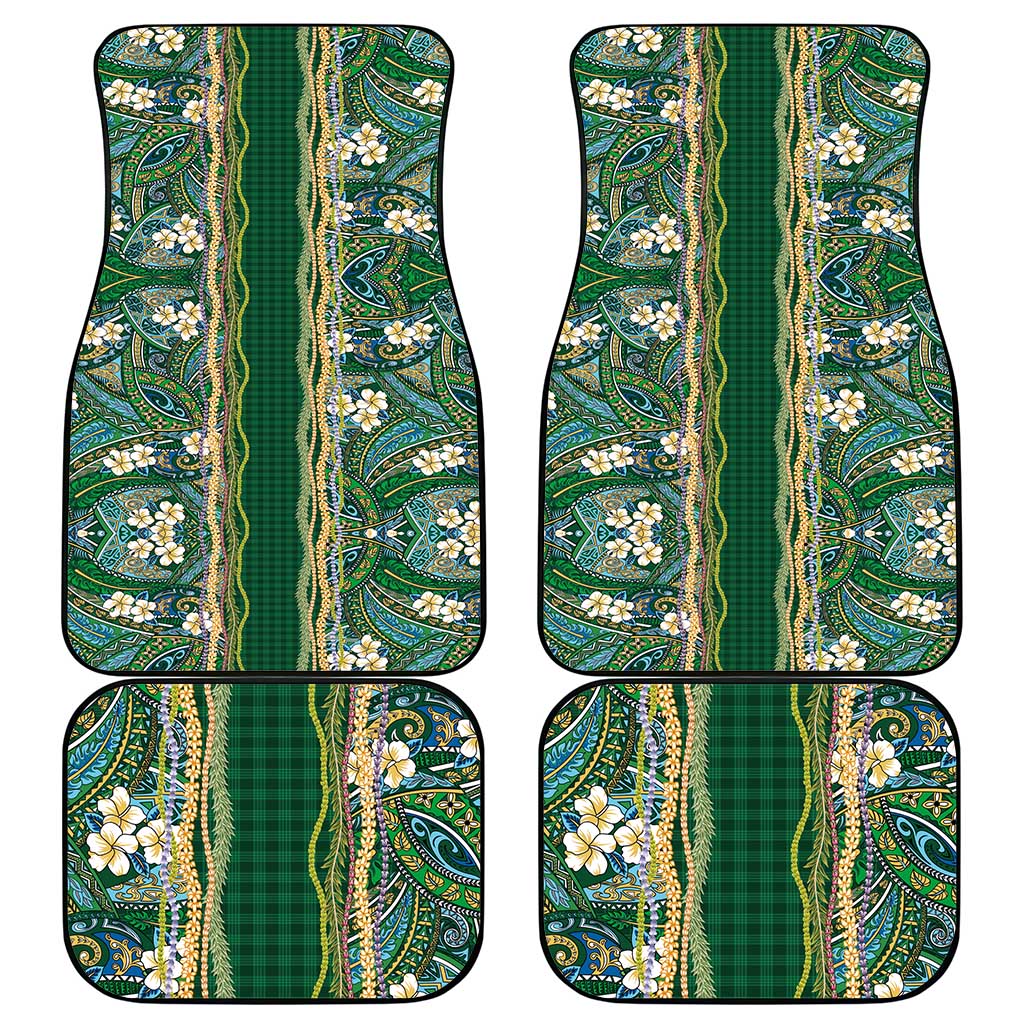 Hawaiian Art Flower Tribal with Lei Car Mats Palaka Pattern Green Color - Polynesian Pride