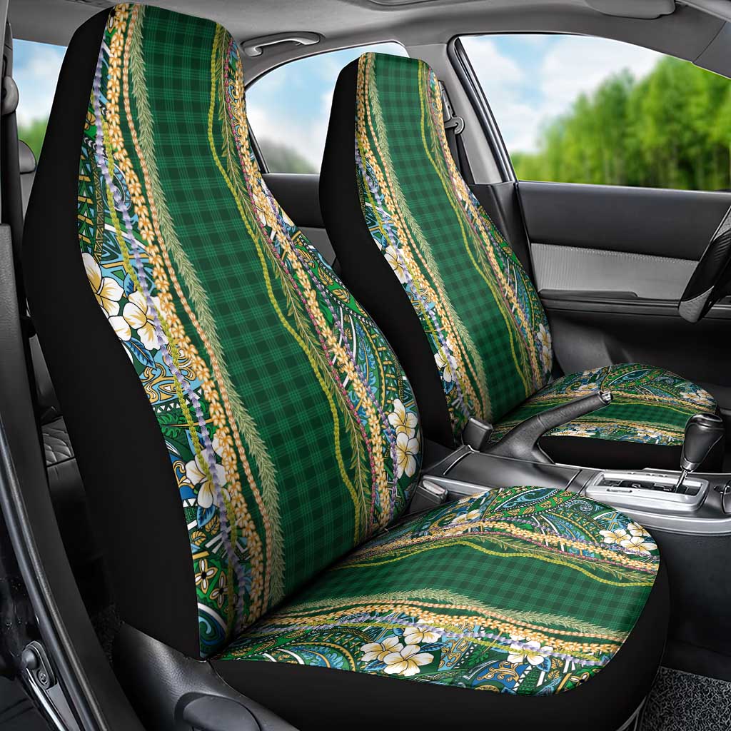 Hawaiian Art Flower Tribal with Lei Car Seat Cover Palaka Pattern Green Color - Polynesian Pride