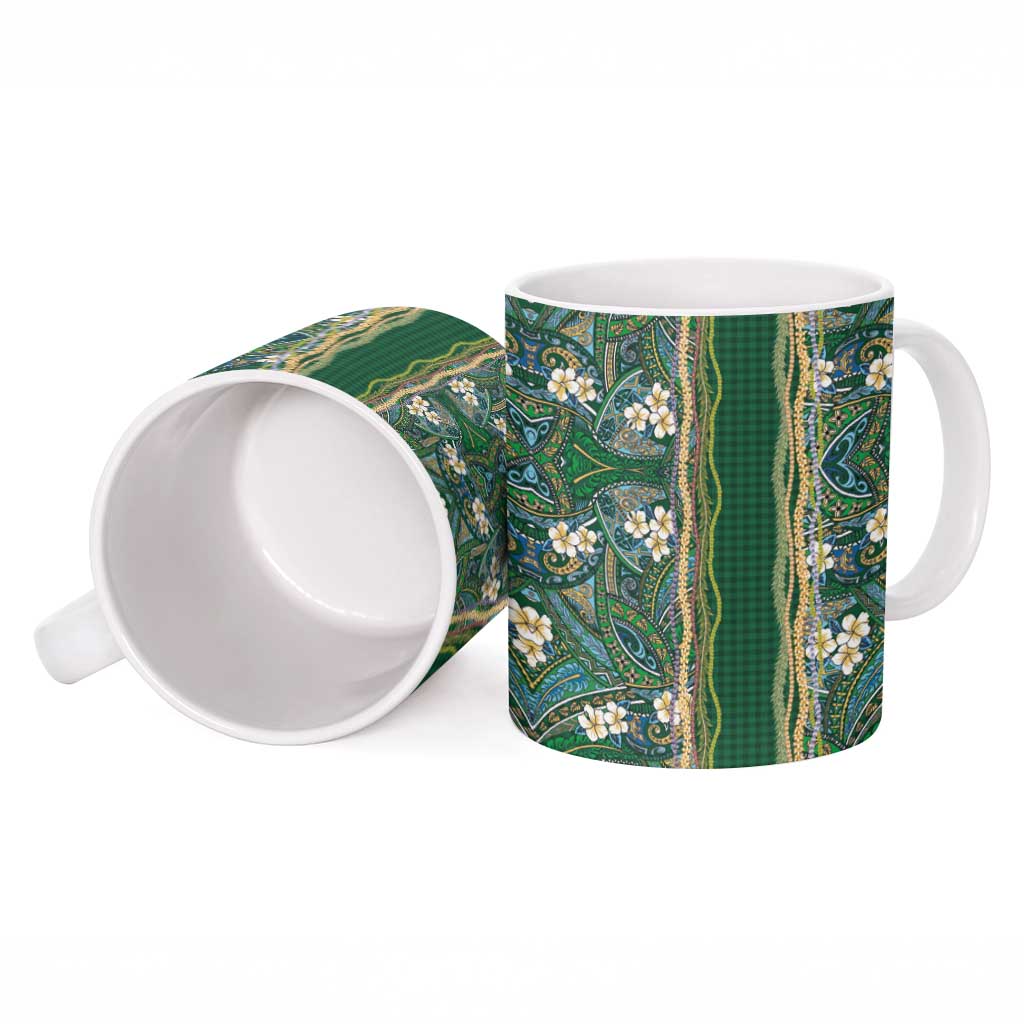 Hawaiian Art Flower Tribal with Lei Ceramic Mug Palaka Pattern Green Color - Polynesian Pride
