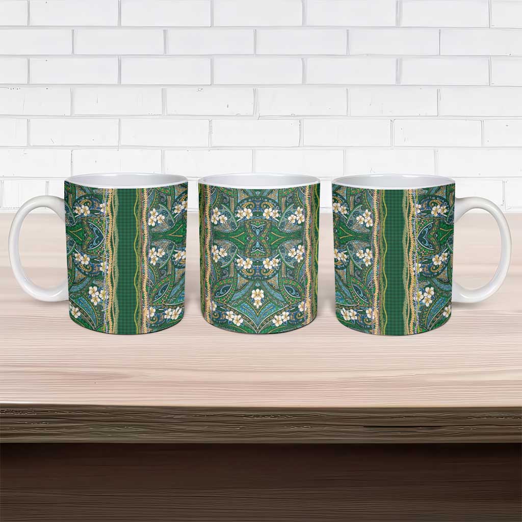 Hawaiian Art Flower Tribal with Lei Ceramic Mug Palaka Pattern Green Color - Polynesian Pride