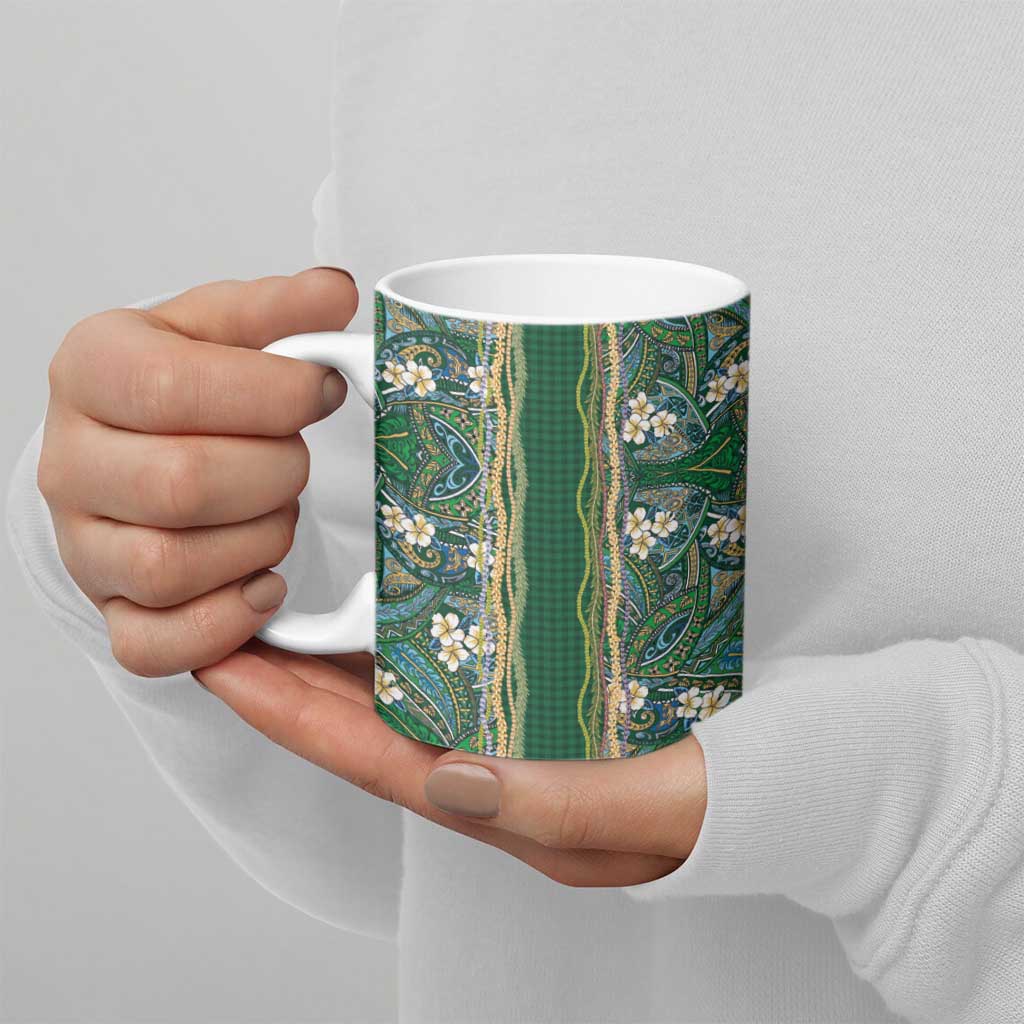Hawaiian Art Flower Tribal with Lei Ceramic Mug Palaka Pattern Green Color - Polynesian Pride