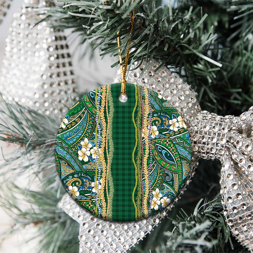 Hawaiian Art Flower Tribal with Lei Ceramic Ornament Palaka Pattern Green Color - Polynesian Pride