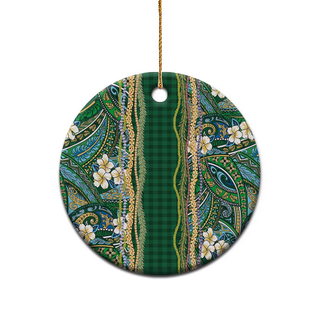 Hawaiian Art Flower Tribal with Lei Ceramic Ornament Palaka Pattern Green Color - Polynesian Pride