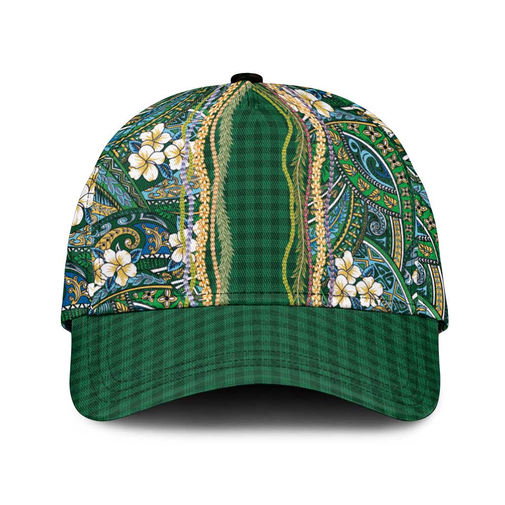Hawaiian Art Flower Tribal with Lei Classic Cap Palaka Pattern Green Color - Polynesian Pride