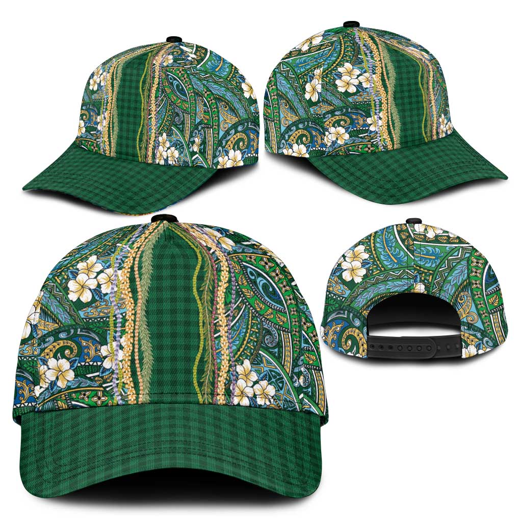 Hawaiian Art Flower Tribal with Lei Classic Cap Palaka Pattern Green Color - Polynesian Pride