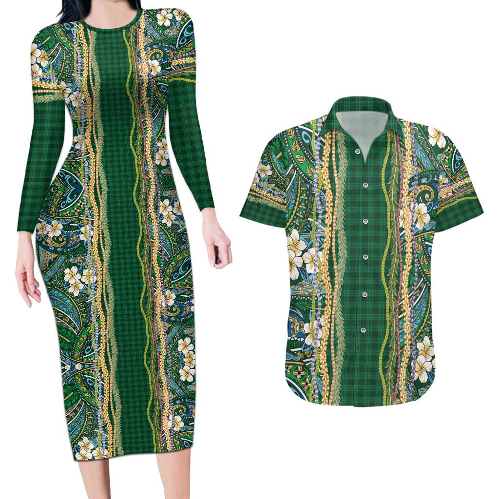 Hawaiian Art Flower Tribal with Lei Couples Matching Long Sleeve Bodycon Dress and Hawaiian Shirt Palaka Pattern Green Color - Polynesian Pride
