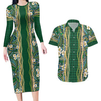 Hawaiian Art Flower Tribal with Lei Couples Matching Long Sleeve Bodycon Dress and Hawaiian Shirt Palaka Pattern Green Color - Polynesian Pride