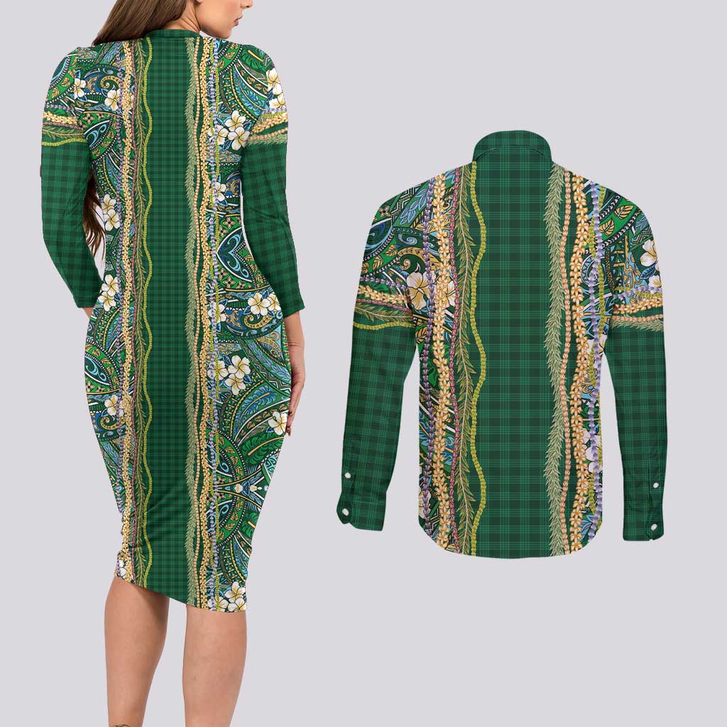 Hawaiian Art Flower Tribal with Lei Couples Matching Long Sleeve Bodycon Dress and Long Sleeve Button Shirt Palaka Pattern Green Color - Polynesian Pride