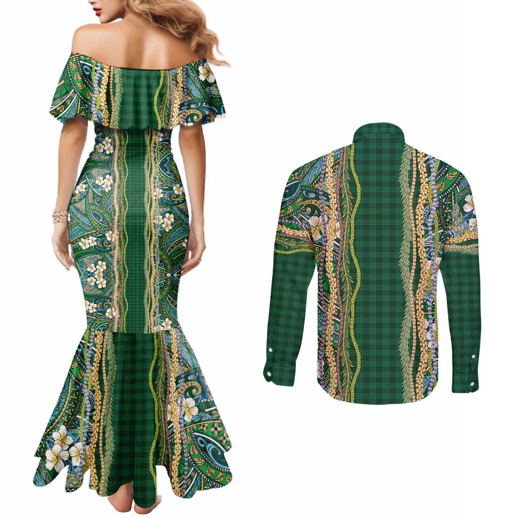 Hawaiian Art Flower Tribal with Lei Couples Matching Mermaid Dress and Long Sleeve Button Shirt Palaka Pattern Green Color - Polynesian Pride