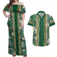 Hawaiian Art Flower Tribal with Lei Couples Matching Off Shoulder Maxi Dress and Hawaiian Shirt Palaka Pattern Green Color - Polynesian Pride
