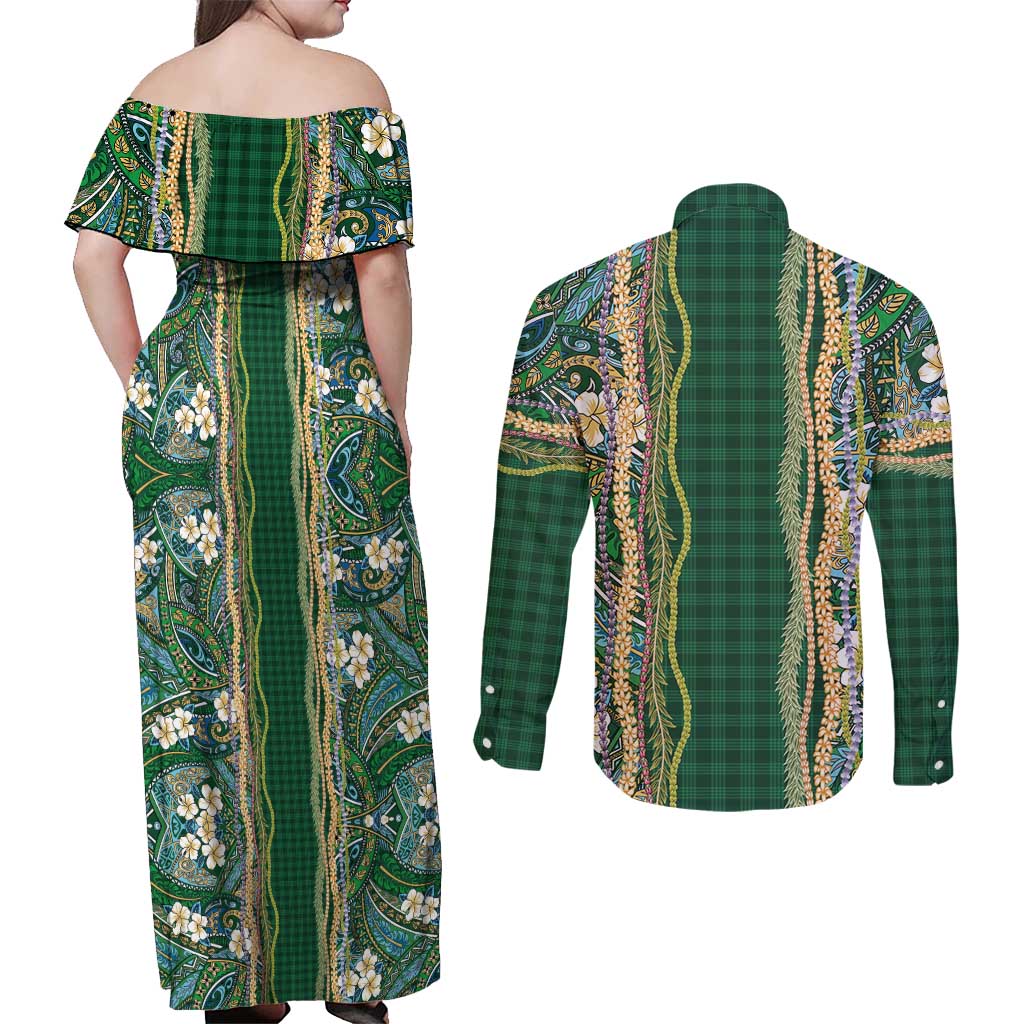 Hawaiian Art Flower Tribal with Lei Couples Matching Off Shoulder Maxi Dress and Long Sleeve Button Shirt Palaka Pattern Green Color - Polynesian Pride