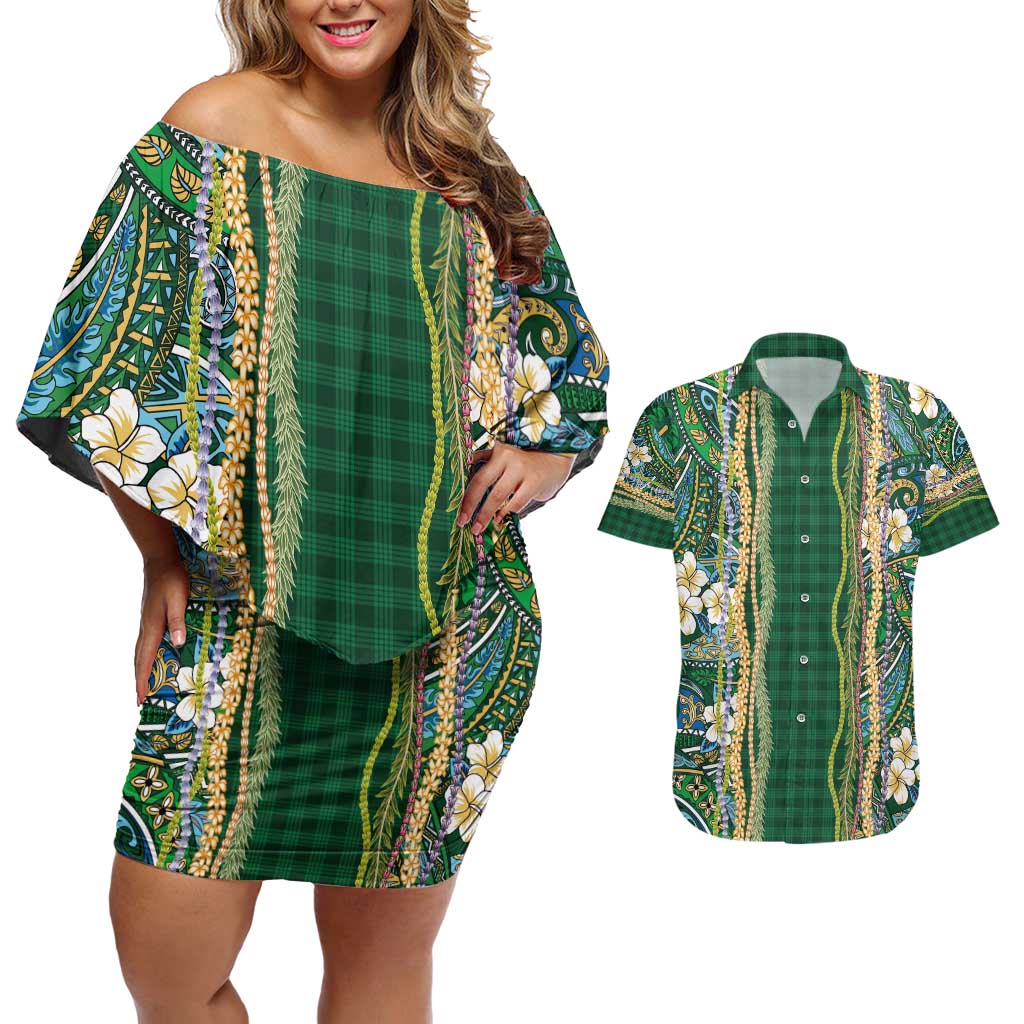 Hawaiian Art Flower Tribal with Lei Couples Matching Off Shoulder Short Dress and Hawaiian Shirt Palaka Pattern Green Color - Polynesian Pride