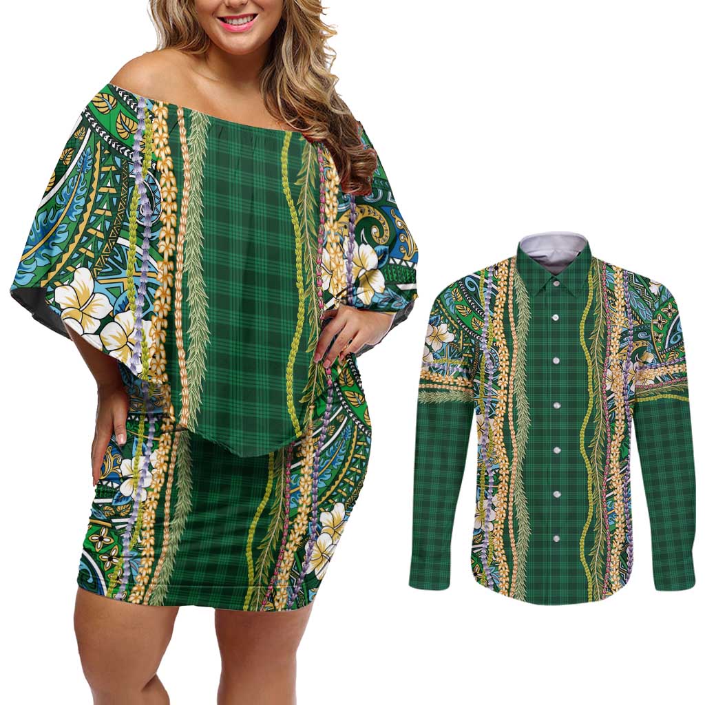 Hawaiian Art Flower Tribal with Lei Couples Matching Off Shoulder Short Dress and Long Sleeve Button Shirt Palaka Pattern Green Color - Polynesian Pride