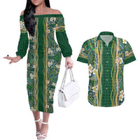 Hawaiian Art Flower Tribal with Lei Couples Matching Off The Shoulder Long Sleeve Dress and Hawaiian Shirt Palaka Pattern Green Color - Polynesian Pride