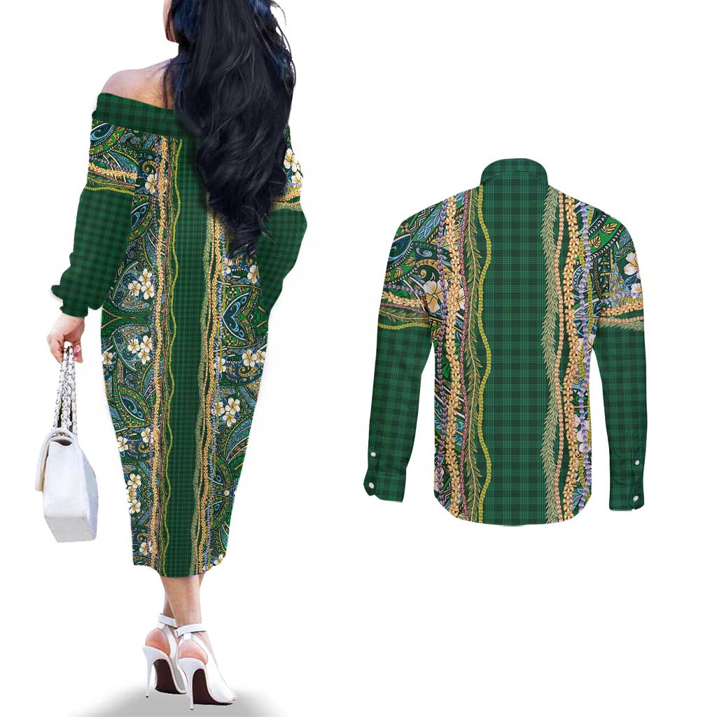 Hawaiian Art Flower Tribal with Lei Couples Matching Off The Shoulder Long Sleeve Dress and Long Sleeve Button Shirt Palaka Pattern Green Color - Polynesian Pride