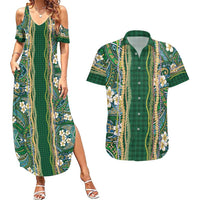 Hawaiian Art Flower Tribal with Lei Couples Matching Summer Maxi Dress and Hawaiian Shirt Palaka Pattern Green Color - Polynesian Pride