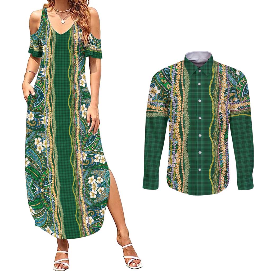 Hawaiian Art Flower Tribal with Lei Couples Matching Summer Maxi Dress and Long Sleeve Button Shirt Palaka Pattern Green Color - Polynesian Pride