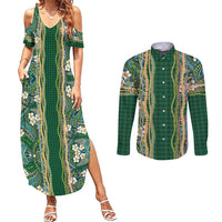 Hawaiian Art Flower Tribal with Lei Couples Matching Summer Maxi Dress and Long Sleeve Button Shirt Palaka Pattern Green Color - Polynesian Pride