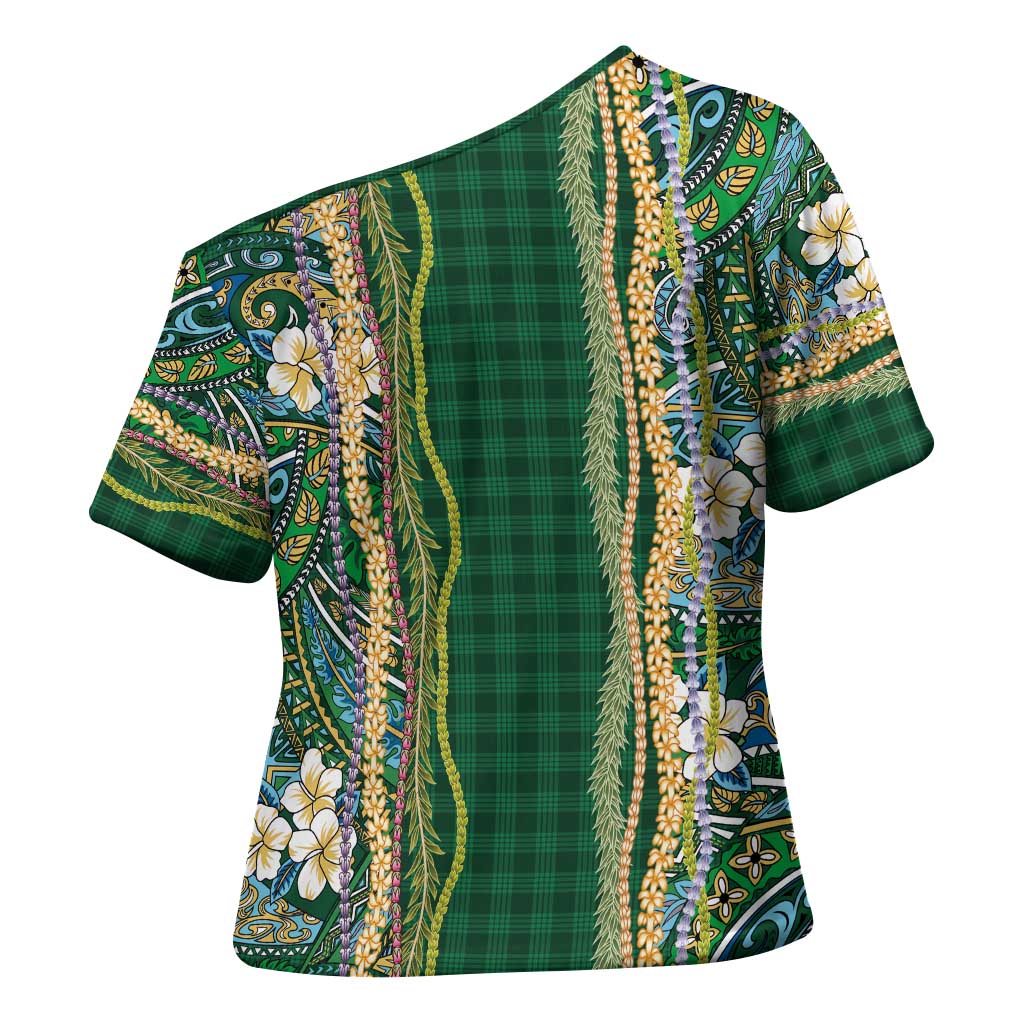 Hawaiian Art Flower Tribal with Lei Cross Shoulder Shirt Palaka Pattern Green Color - Polynesian Pride