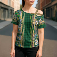 Hawaiian Art Flower Tribal with Lei Cross Shoulder Shirt Palaka Pattern Green Color - Polynesian Pride