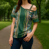 Hawaiian Art Flower Tribal with Lei Cross Shoulder Shirt Palaka Pattern Green Color - Polynesian Pride