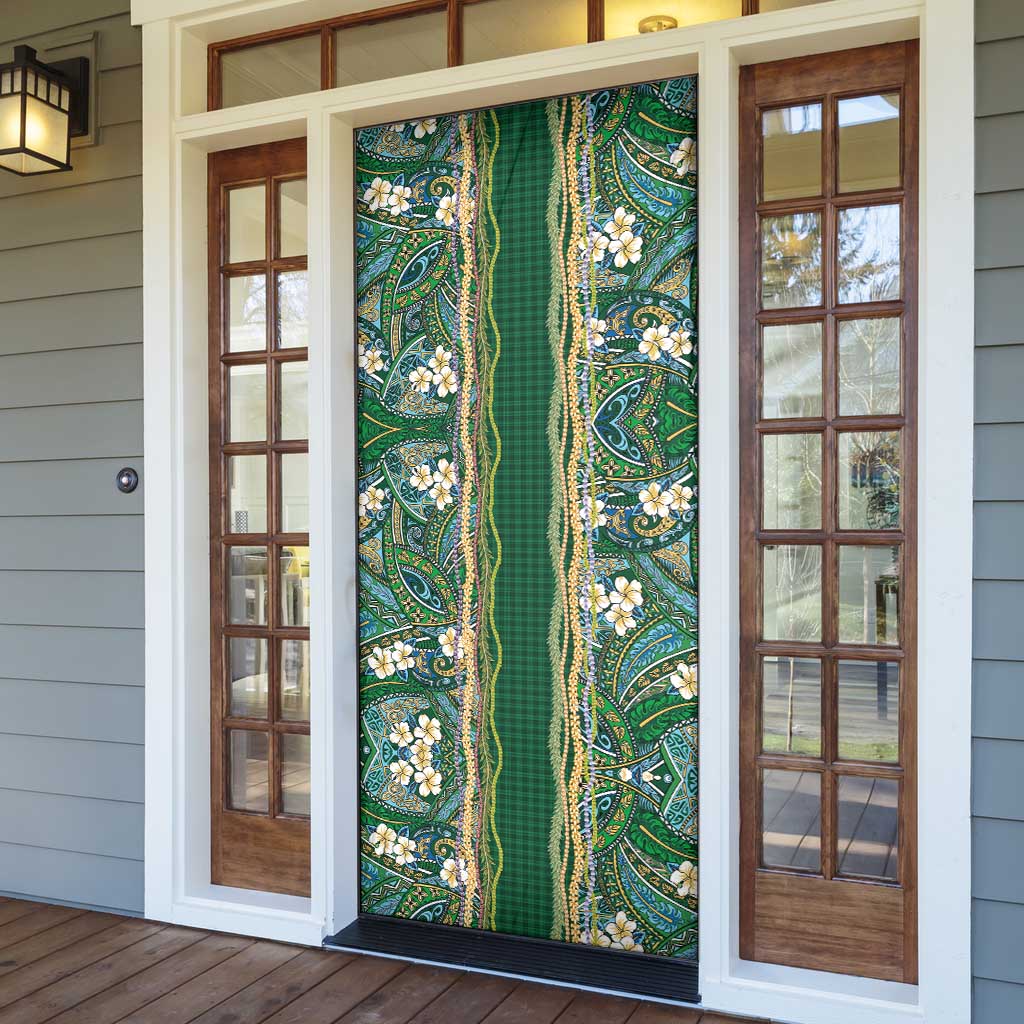 Hawaiian Art Flower Tribal with Lei Door Cover Palaka Pattern Green Color - Polynesian Pride