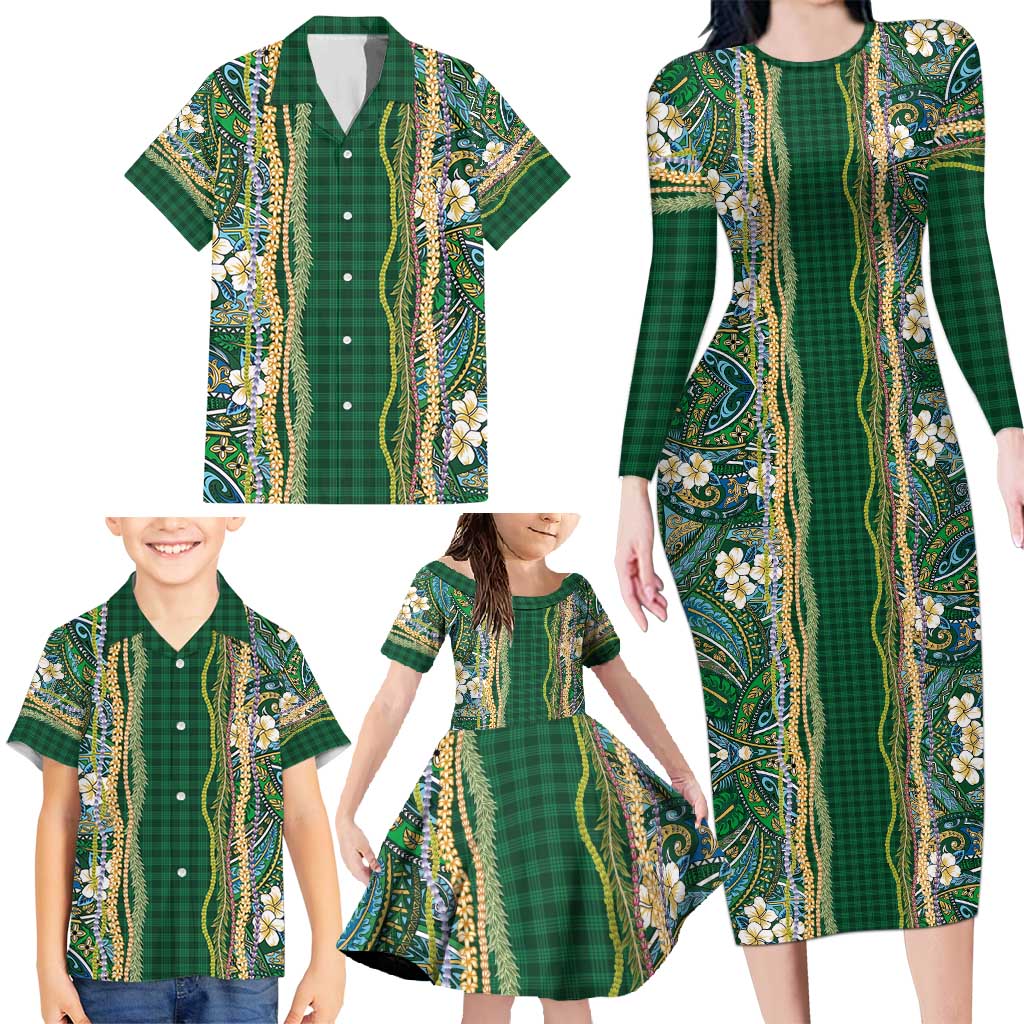 Hawaiian Art Flower Tribal with Lei Family Matching Long Sleeve Bodycon Dress and Hawaiian Shirt Palaka Pattern Green Color - Polynesian Pride