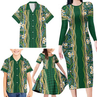 Hawaiian Art Flower Tribal with Lei Family Matching Long Sleeve Bodycon Dress and Hawaiian Shirt Palaka Pattern Green Color - Polynesian Pride