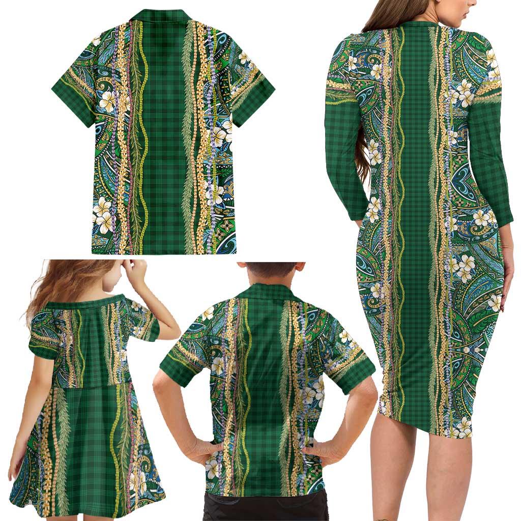 Hawaiian Art Flower Tribal with Lei Family Matching Long Sleeve Bodycon Dress and Hawaiian Shirt Palaka Pattern Green Color - Polynesian Pride