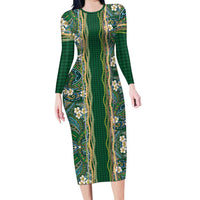 Hawaiian Art Flower Tribal with Lei Family Matching Long Sleeve Bodycon Dress and Hawaiian Shirt Palaka Pattern Green Color - Polynesian Pride