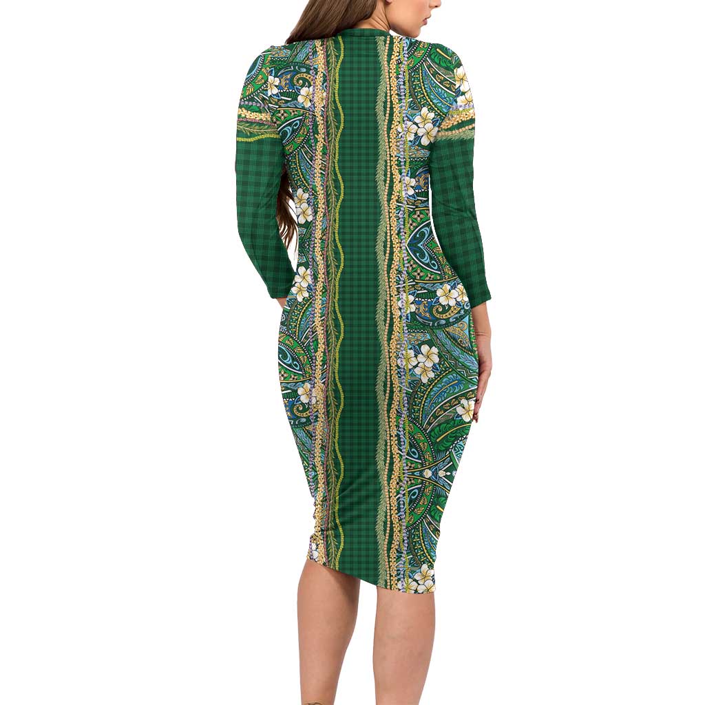 Hawaiian Art Flower Tribal with Lei Family Matching Long Sleeve Bodycon Dress and Hawaiian Shirt Palaka Pattern Green Color - Polynesian Pride
