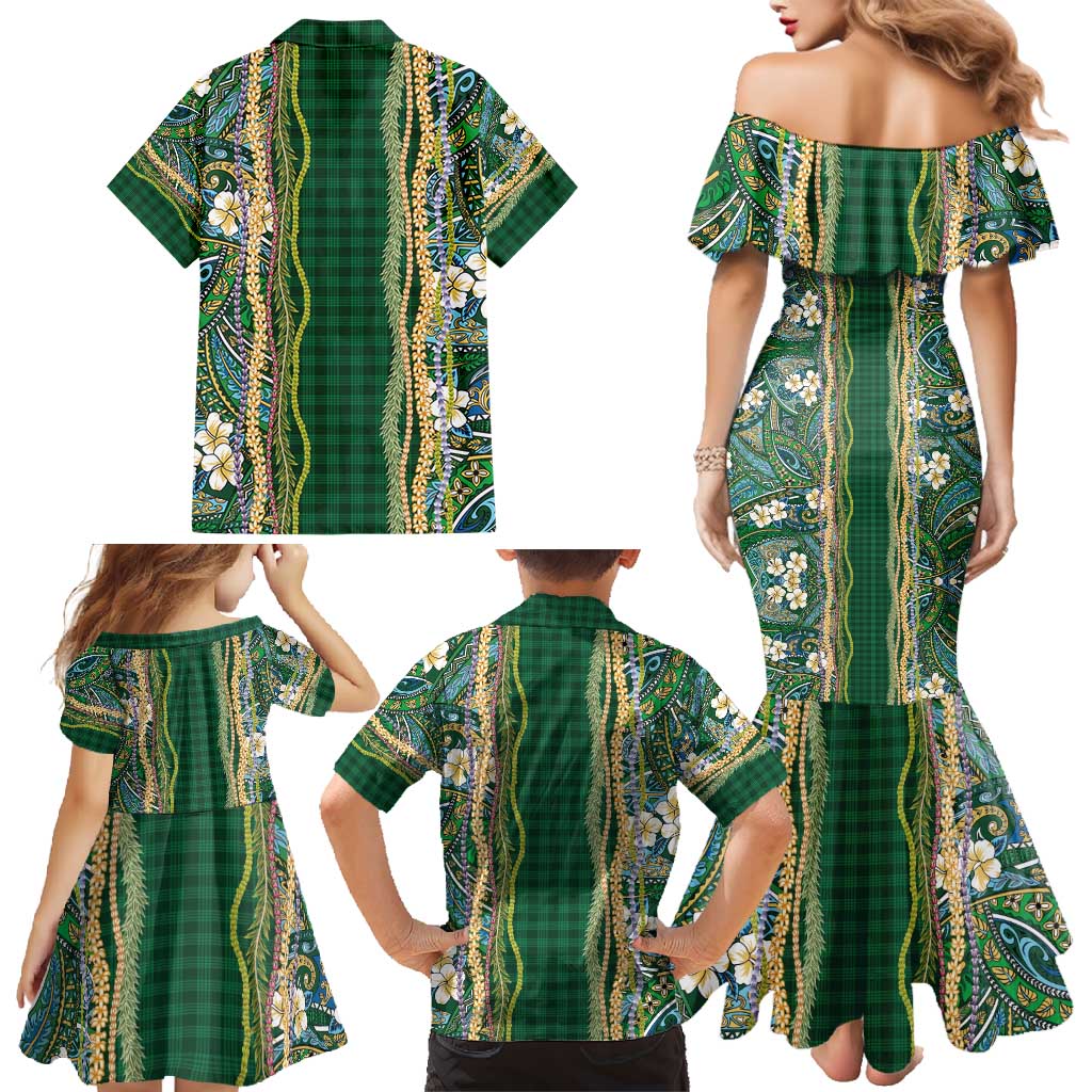 Hawaiian Art Flower Tribal with Lei Family Matching Mermaid Dress and Hawaiian Shirt Palaka Pattern Green Color - Polynesian Pride
