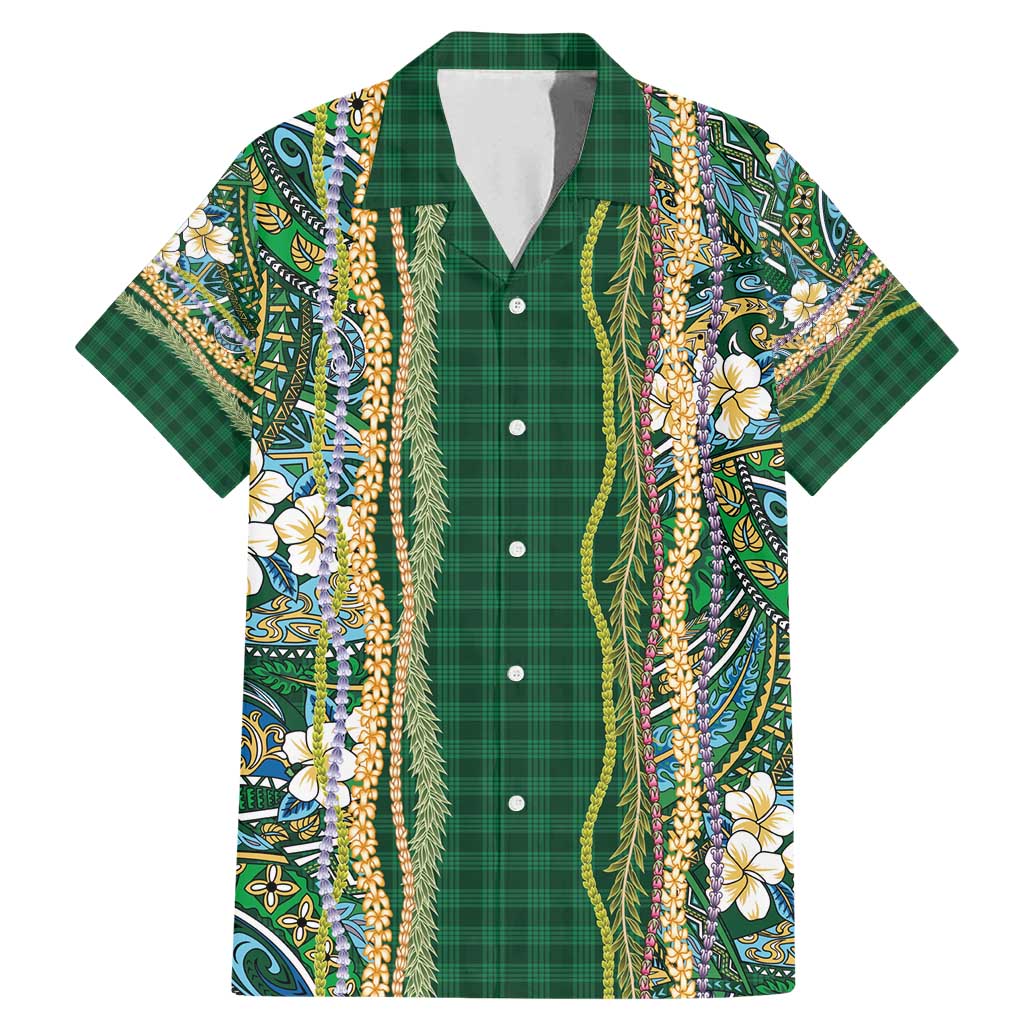 Hawaiian Art Flower Tribal with Lei Family Matching Mermaid Dress and Hawaiian Shirt Palaka Pattern Green Color - Polynesian Pride