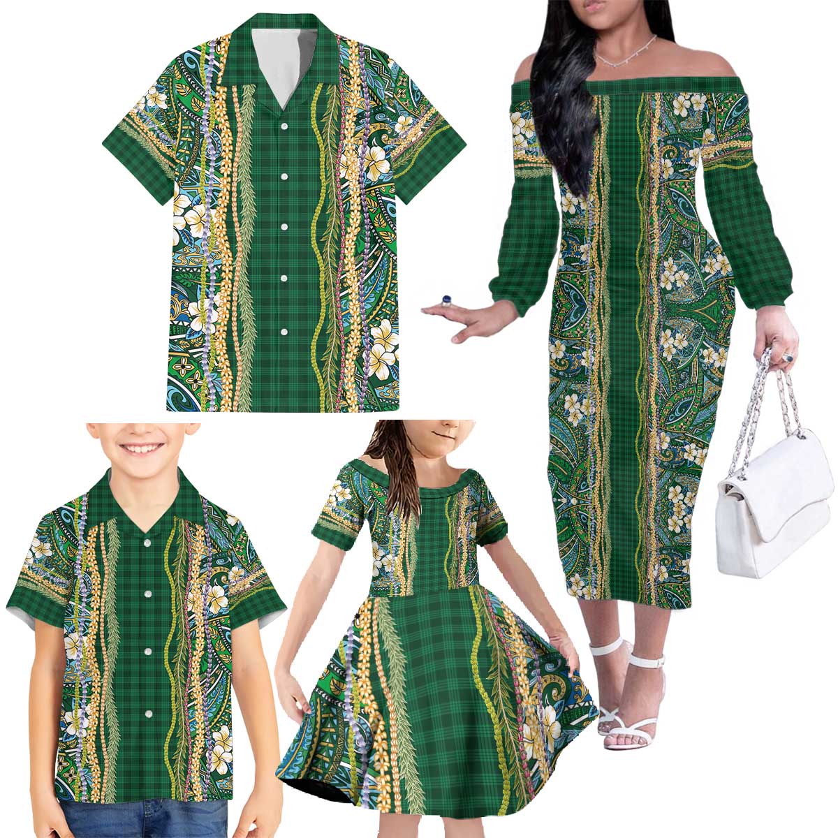 Hawaiian Art Flower Tribal with Lei Family Matching Off The Shoulder Long Sleeve Dress and Hawaiian Shirt Palaka Pattern Green Color - Polynesian Pride