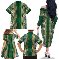 Hawaiian Art Flower Tribal with Lei Family Matching Off The Shoulder Long Sleeve Dress and Hawaiian Shirt Palaka Pattern Green Color - Polynesian Pride