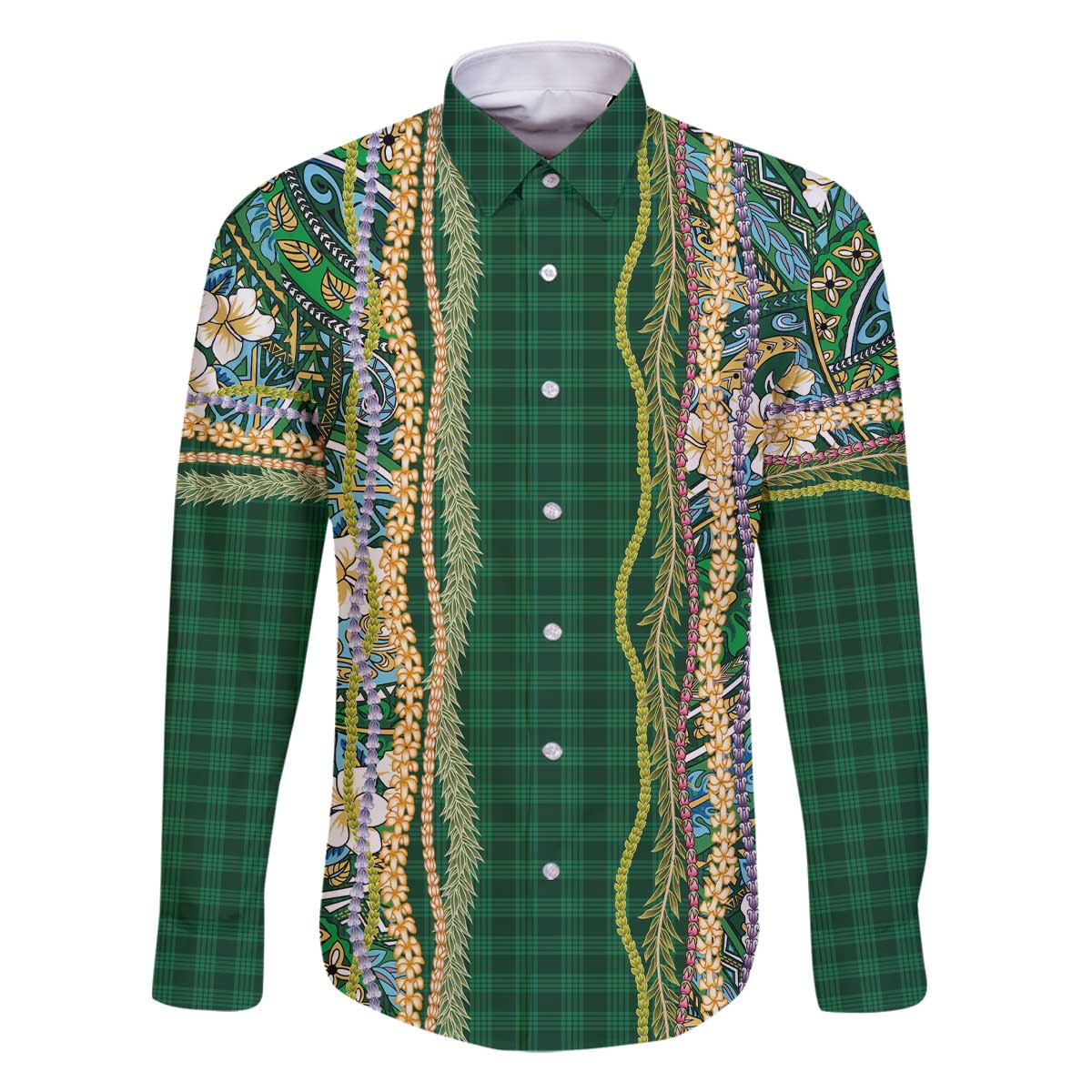 Hawaiian Art Flower Tribal with Lei Family Matching Off The Shoulder Long Sleeve Dress and Hawaiian Shirt Palaka Pattern Green Color - Polynesian Pride