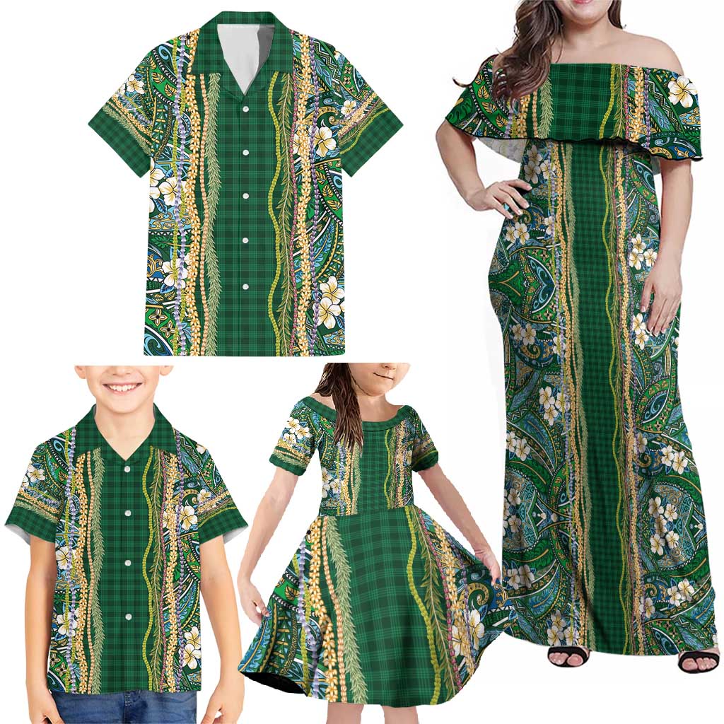 Hawaiian Art Flower Tribal with Lei Family Matching Off Shoulder Maxi Dress and Hawaiian Shirt Palaka Pattern Green Color - Polynesian Pride