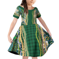 Hawaiian Art Flower Tribal with Lei Family Matching Off Shoulder Short Dress and Hawaiian Shirt Palaka Pattern Green Color - Polynesian Pride