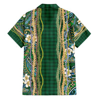 Hawaiian Art Flower Tribal with Lei Family Matching Off Shoulder Short Dress and Hawaiian Shirt Palaka Pattern Green Color - Polynesian Pride