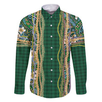 Hawaiian Art Flower Tribal with Lei Family Matching Off Shoulder Short Dress and Hawaiian Shirt Palaka Pattern Green Color - Polynesian Pride