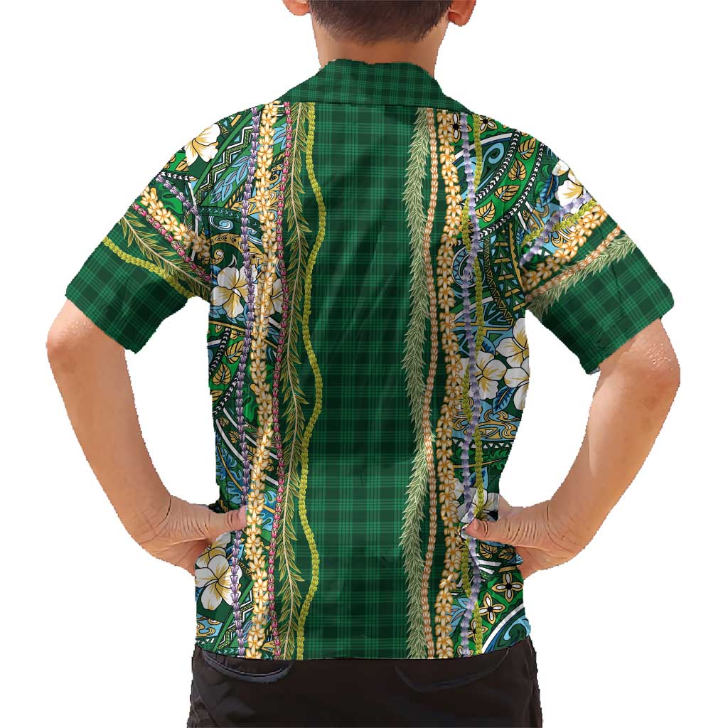 Hawaiian Art Flower Tribal with Lei Family Matching Puletasi and Hawaiian Shirt Palaka Pattern Green Color LT03 - Polynesian Pride