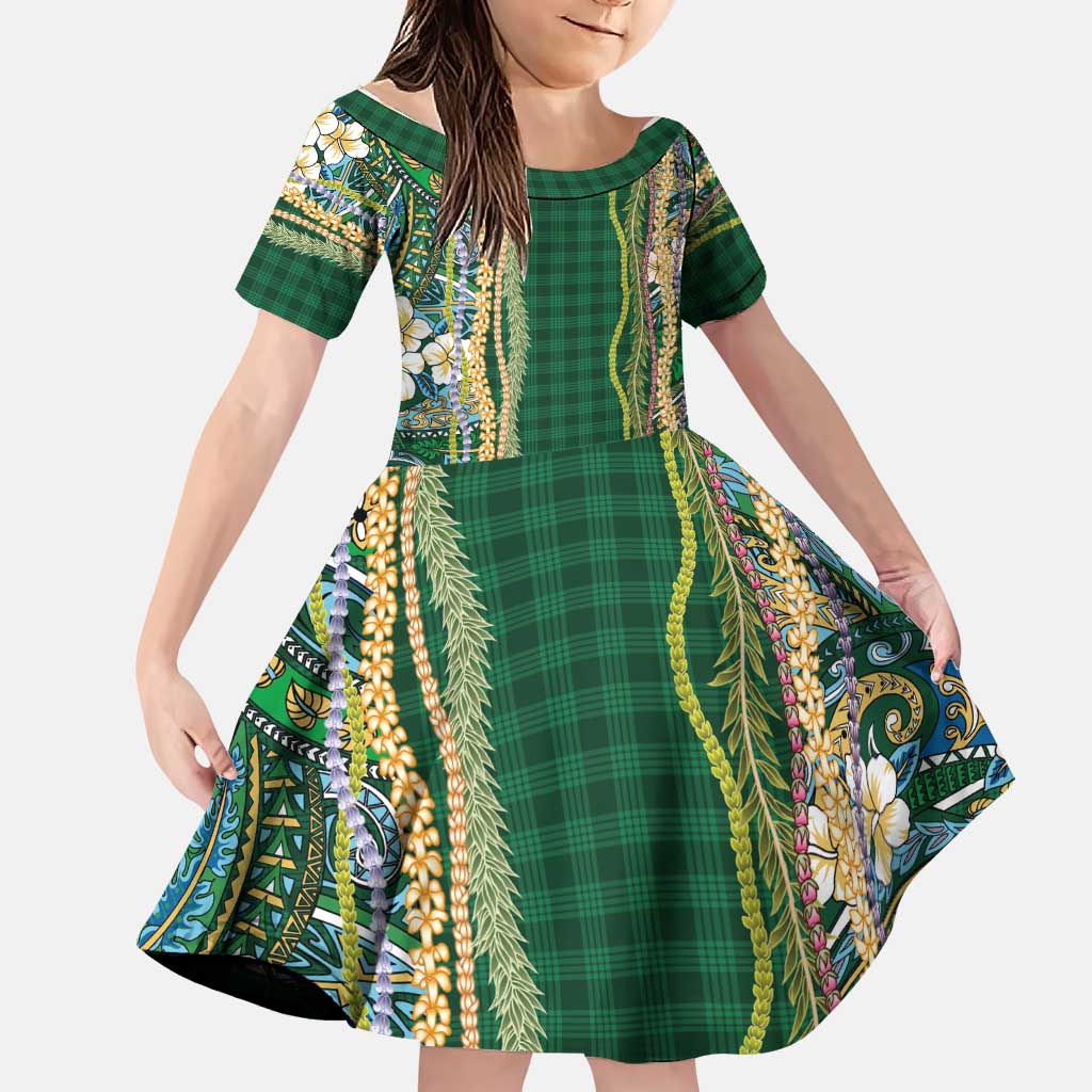 Hawaiian Art Flower Tribal with Lei Family Matching Puletasi and Hawaiian Shirt Palaka Pattern Green Color LT03 Daughter's Dress Green - Polynesian Pride