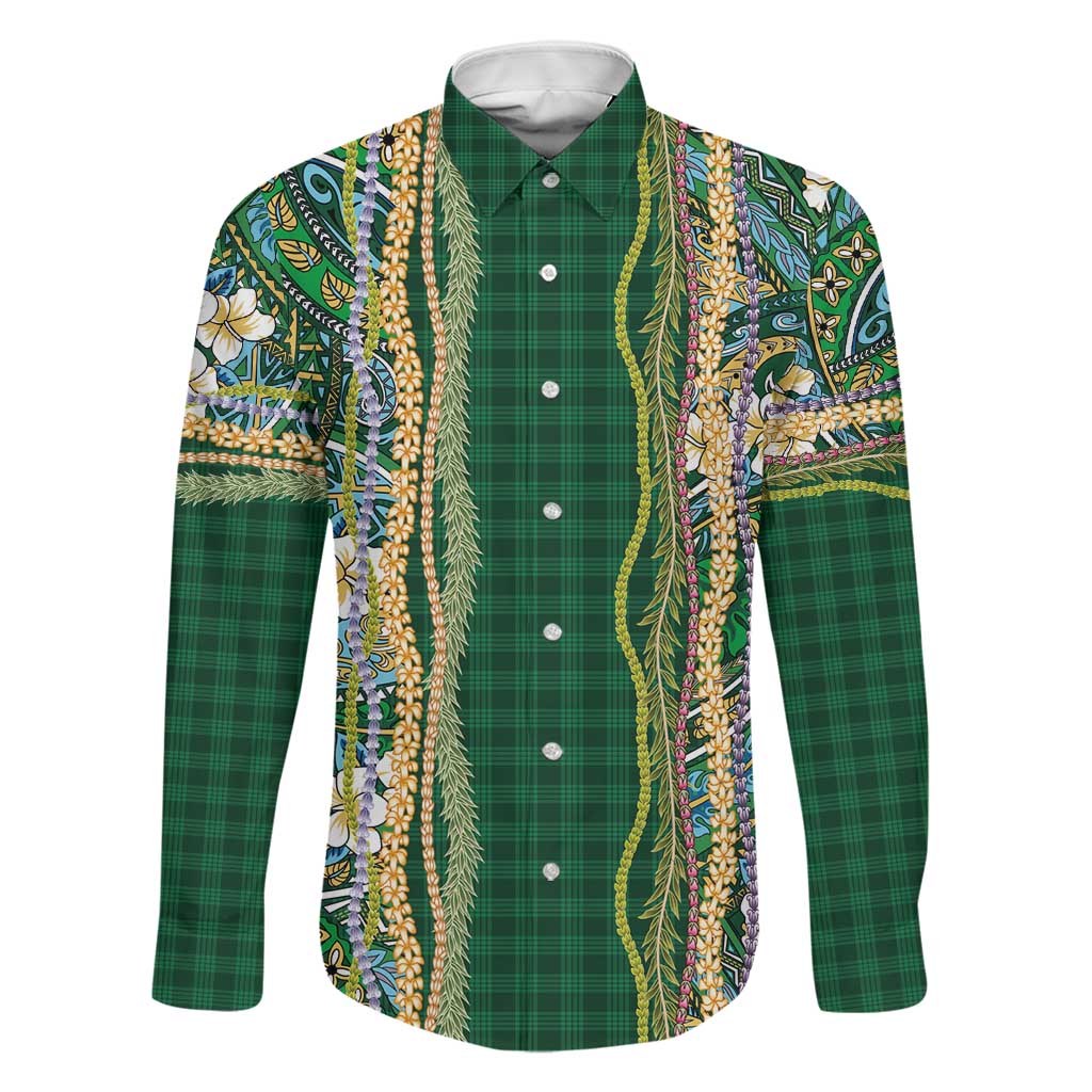 Hawaiian Art Flower Tribal with Lei Family Matching Puletasi and Hawaiian Shirt Palaka Pattern Green Color LT03 Dad's Shirt - Long Sleeve Green - Polynesian Pride