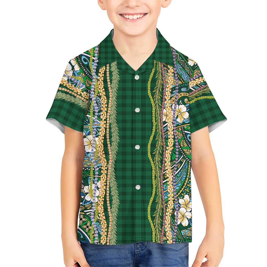 Hawaiian Art Flower Tribal with Lei Family Matching Puletasi and Hawaiian Shirt Palaka Pattern Green Color LT03 Son's Shirt Green - Polynesian Pride