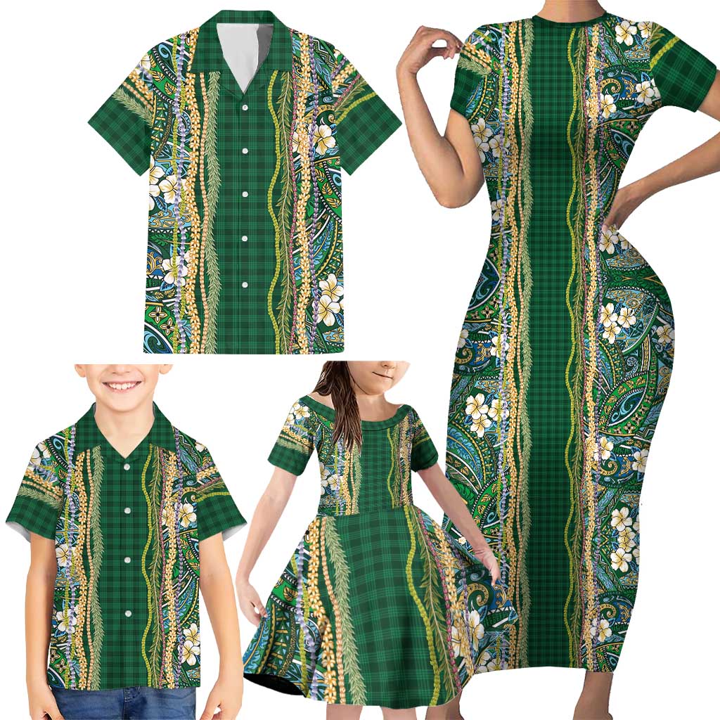 Hawaiian Art Flower Tribal with Lei Family Matching Short Sleeve Bodycon Dress and Hawaiian Shirt Palaka Pattern Green Color LT03 - Polynesian Pride