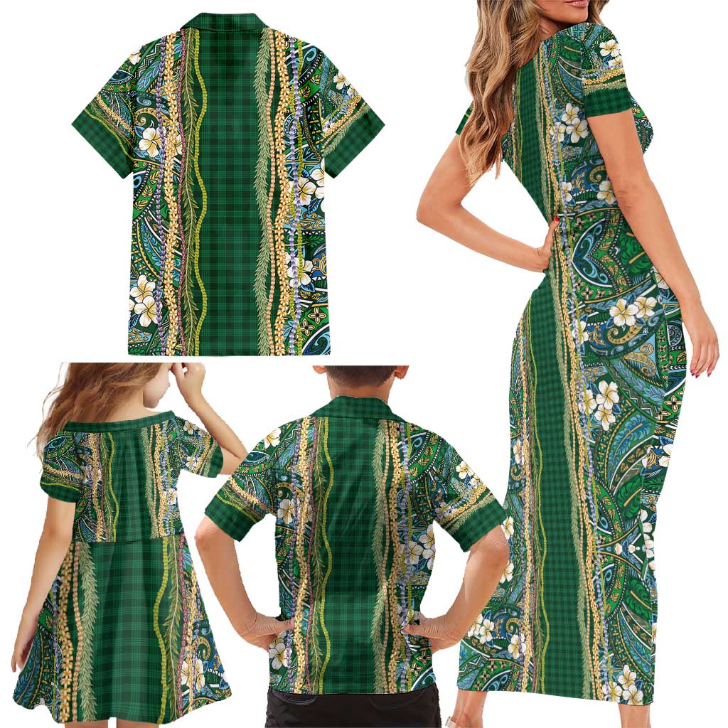 Hawaiian Art Flower Tribal with Lei Family Matching Short Sleeve Bodycon Dress and Hawaiian Shirt Palaka Pattern Green Color - Polynesian Pride